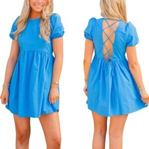 Mable Electric Blue Puff Sleeve Lace Up Back Babydoll Mini Dress - S